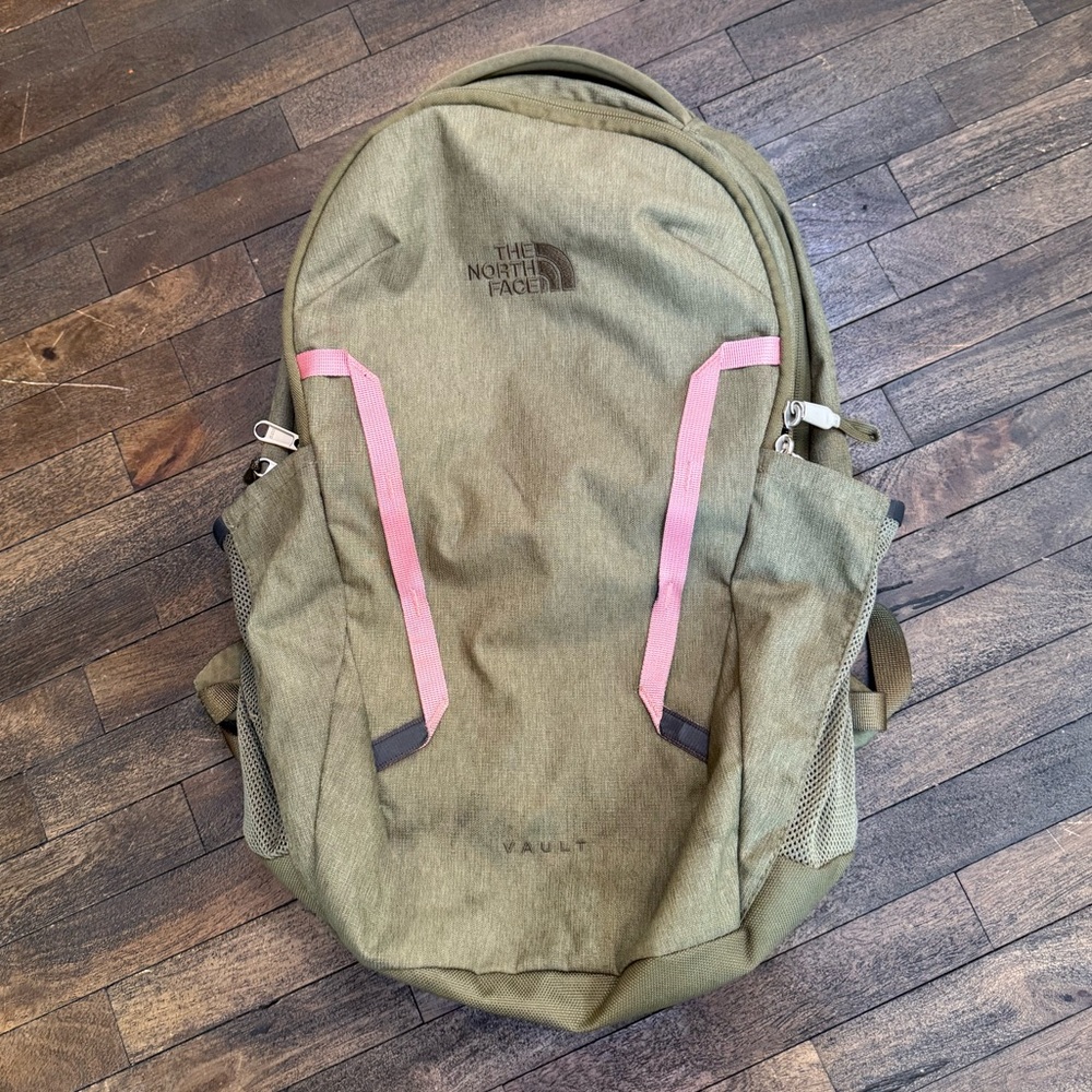 The North Face Olive and Pink Vault Backpack